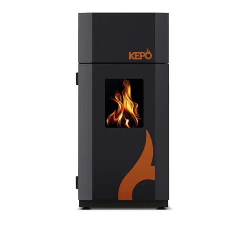 Termosemineu pe lemne 14 + 4 kW, pentru incalzire centrala, cu plita si geam termoizolanta, negru, 600090, KEPO