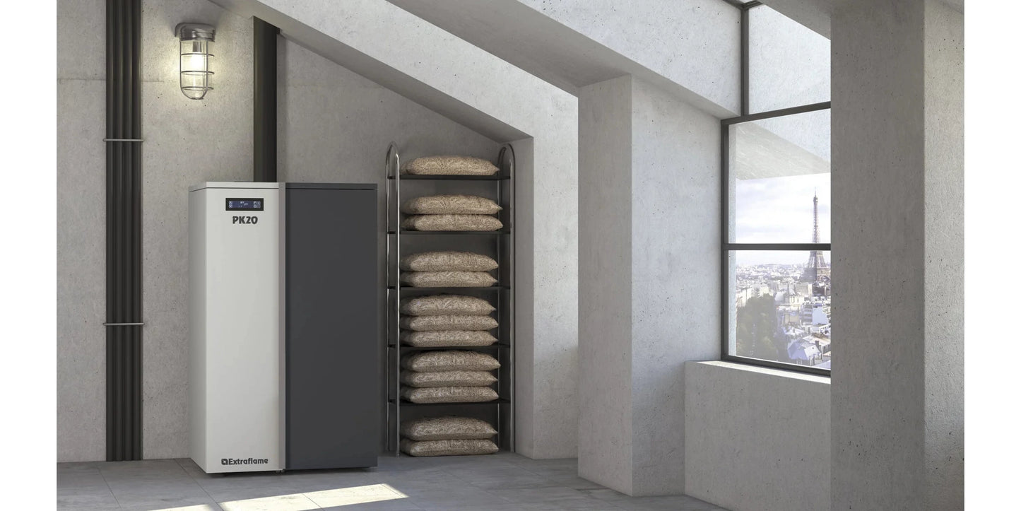 Cazan compact pe peleti 5,7 - 20 kW puterea termica nominala, pentru 574 m3, arzator cu autocuratire, display Black Mask cu Wi-Fi integrat, PK20, La Nordica-Extraflame