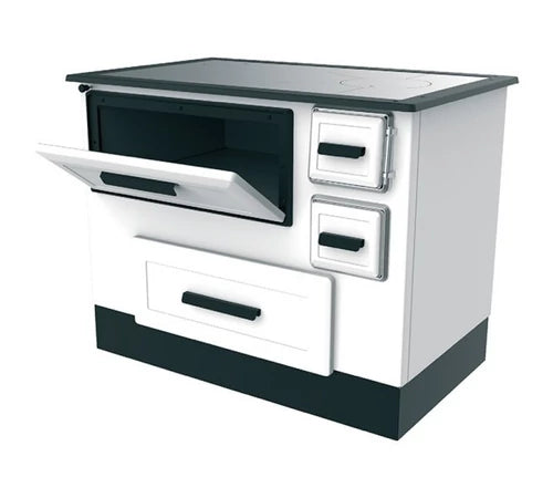 Soba pentru incalzit si gatit, pe lemne, 5 kW, alb, evacuare stanga, Alfa55 ECO, ALFA-PLAM