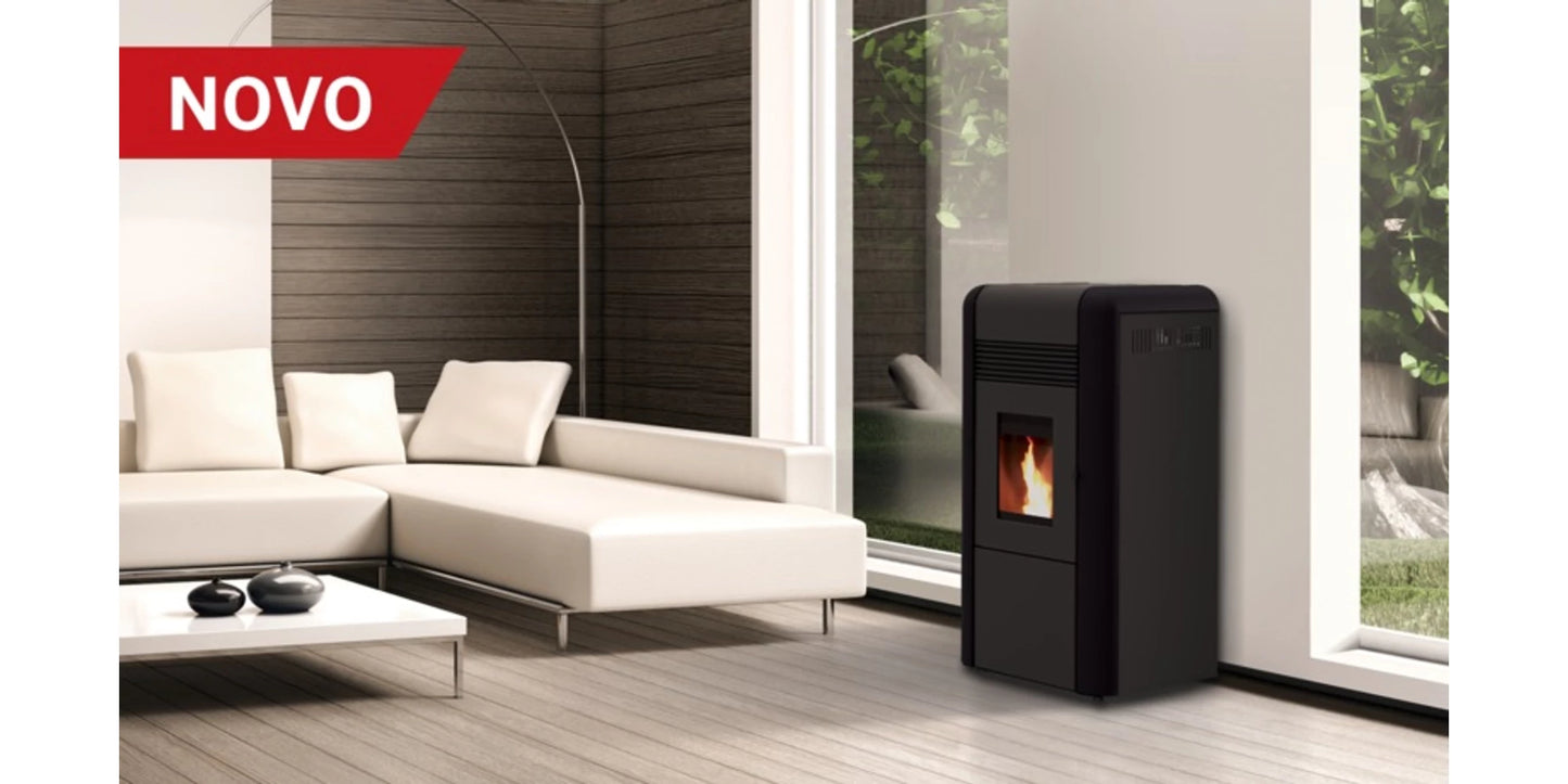 Termosemineu pe peleti, tip centrala, din otel, Alfa Plam, Dino, 17 kW, negru, autonomie 35 ore