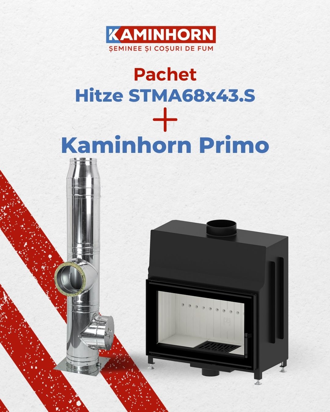 Pachet focar de șemineu Hitze 12,5 kW STMA68x43.S + Coș de fum profesional ? Kaminhorn Primo 90G/bază 0