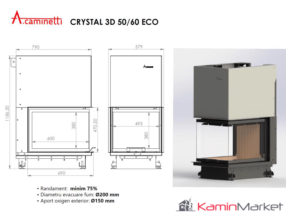 Focar semineu A-caminetti CRYSTAL 3D ECO – Focar Șemineu 3 laturi vitrate