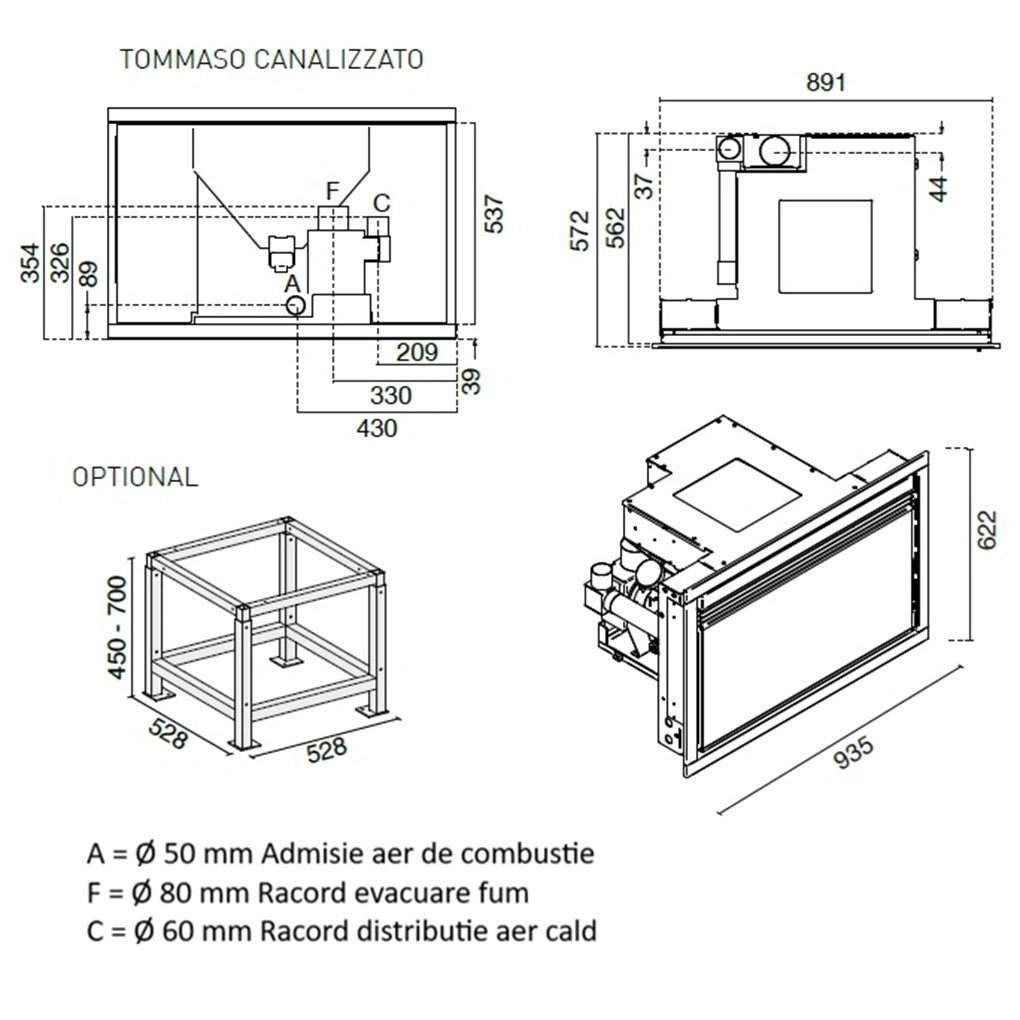 Focar peleti TOMMASO 3.1-9.5 kW - cu 2 ventilatoare si distributie de aer