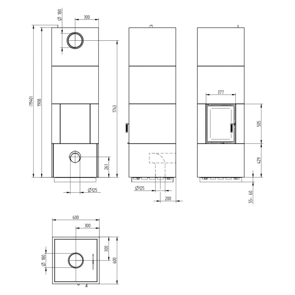 Focar șemineu blox h60 șemineu modular cu convectie 10 kw protecție spate