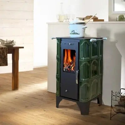 Soba pe lemne Domofire Piccolino, 6 kW, cu plita de gatit, verde, teracota