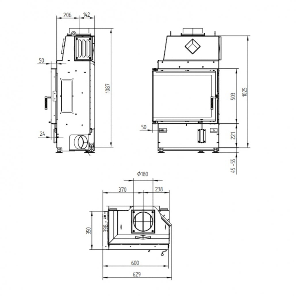 Focar semineu Hoxter ECKA 60/35/50 SL - SLIM + rama montaj + samota si manere negre