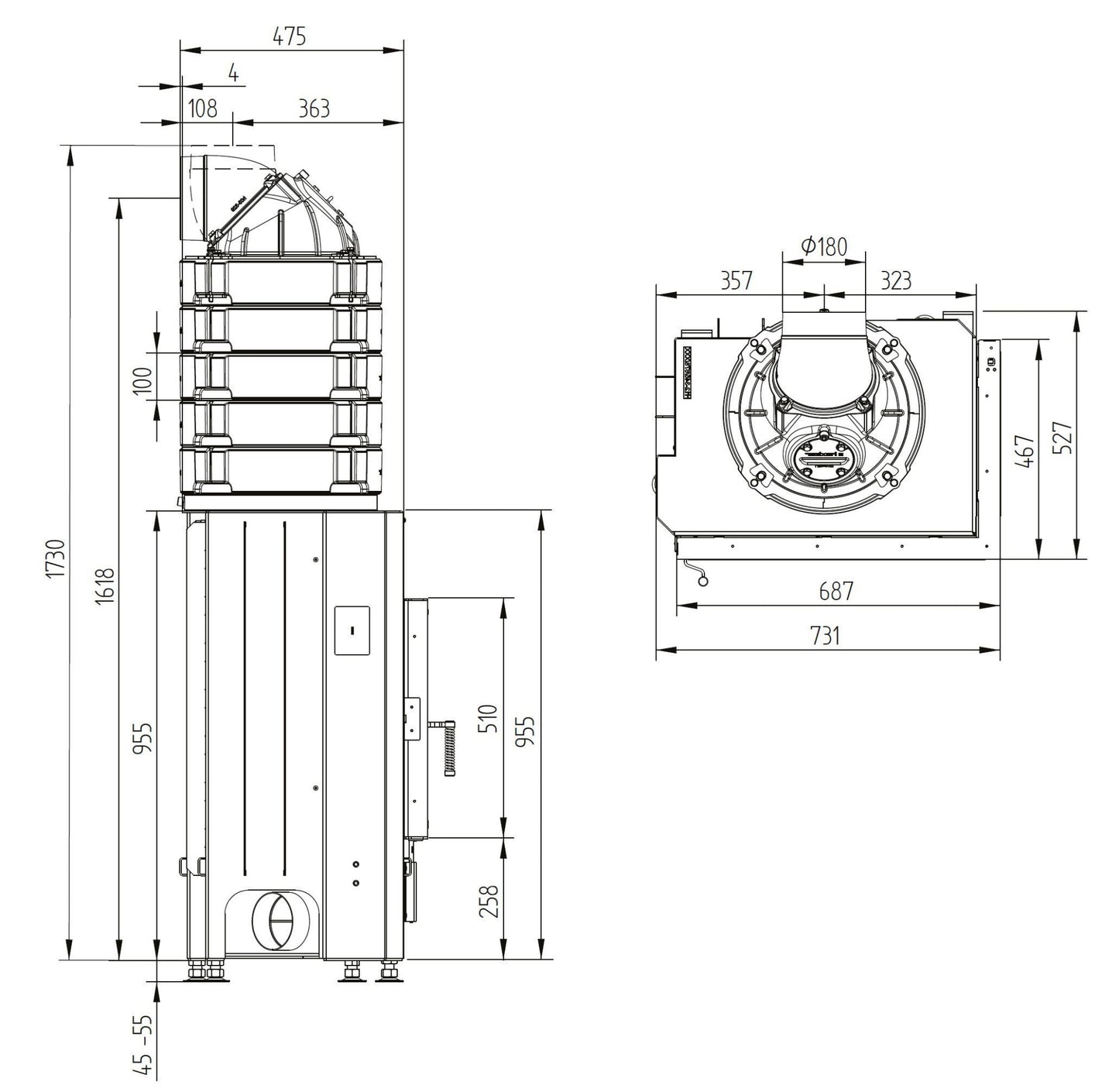 Focar semineu Hoxter ECKA 67/45/51R + cupola + rama acoperire 6cm
