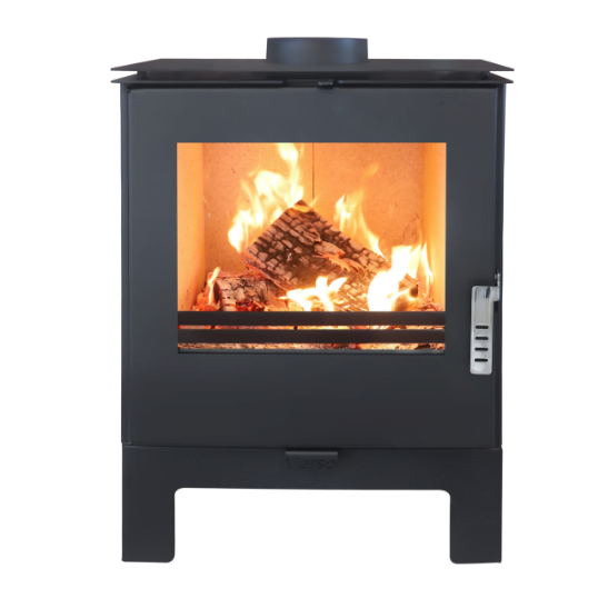 Șemineu pe lemne KARA L, 10 kW, din oțel, cu geam panoramic termorezistent, design modern, negru