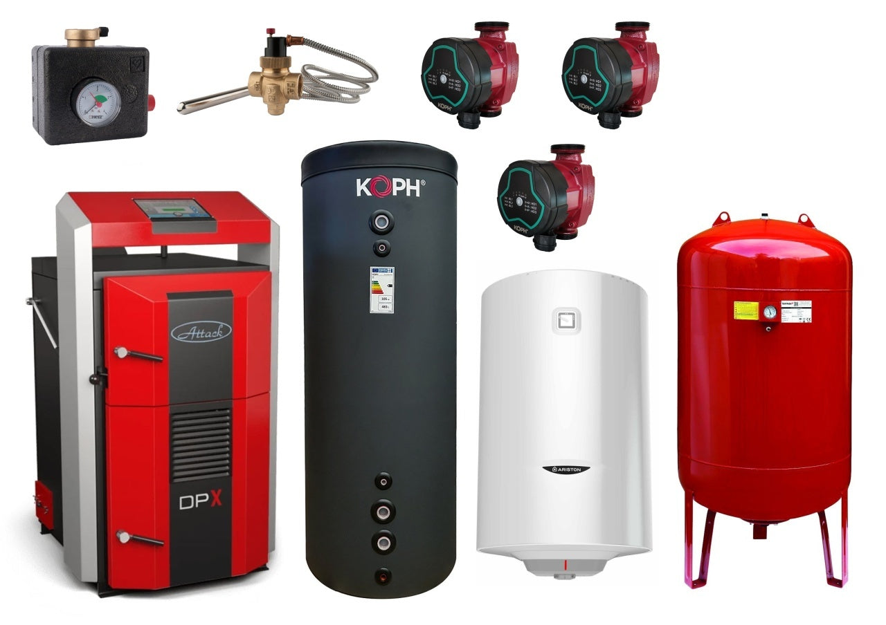 Pachet cazan pe lemne cu gazeificare ATTACK DPX, 35 kW, volum manta apa 110 litri, grosime camera ardere 6 mm, randament 91%, lungime maxima bustean 65 cm, cos evacuare Ø150 mm, Pompe recirculare, Puffer 750 litri fara serpentina, Boiler termoelectric 100
