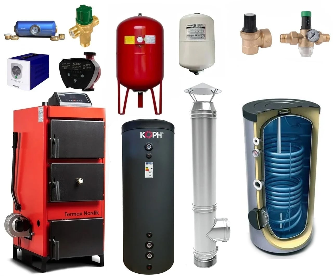 Pachet Centrala/Cazan pe lemn/carbune Termax Nordik 70 kW cu ventilator si automatizare, Øcos fum 180 mm, volum manta apa 130 litri, Boiler stativ 500 litri, Vas expansiune, Supapa siguranta, Pompe recirculare, Puffer 1000 litri, Sursa KOPH 700 W
