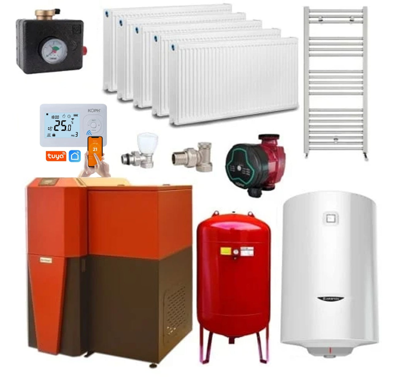 Pachet centrală mixtă lemn/pelet Termax Tera 28 kW, 185 mp, buncăr peleți 95 kg, volum manta apă 75 litri, diametru coș Ø120 mm, Termostat ambiental KOPH, Pompă recirculare, Boiler termoelectric 100 litri, Grup siguranță, Calorifere și Robineți