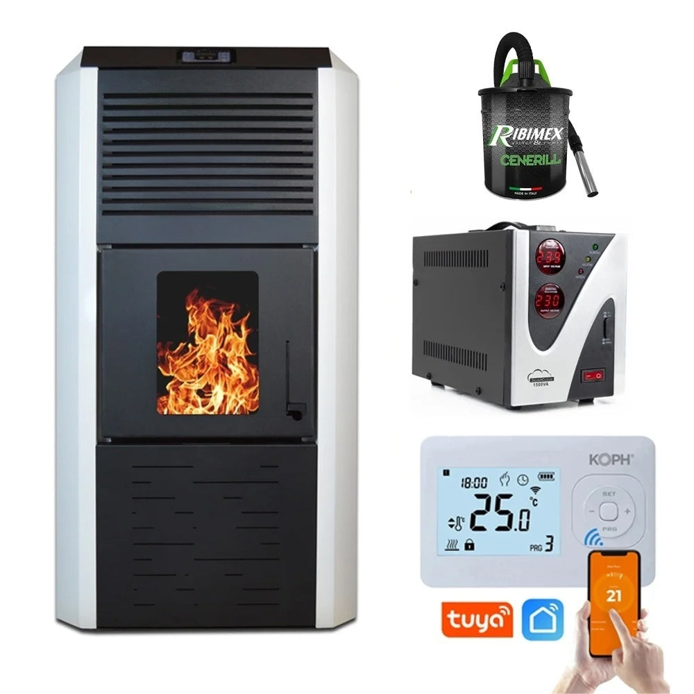 Pachet Smart Control: Termosemineu peleti Termax Kamin ECO 30kW, Termostat WiFi KOPH I302, Aspirator cenusa 1000W si Stabilizator tensiune