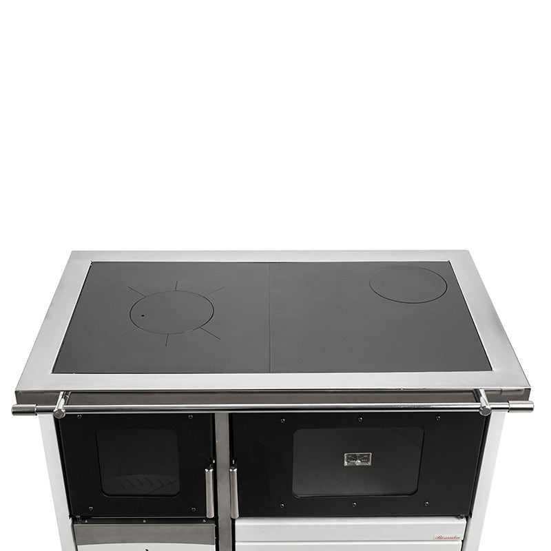 Pachet termosoba pe lemn Termax Maria 25 kW din otel, evacuare pe dreapta, cuptor, design modern si functional, 150 mp, Alb, Grup siguranta, Vas expansiune, Supapa termica si Pompa recirculare