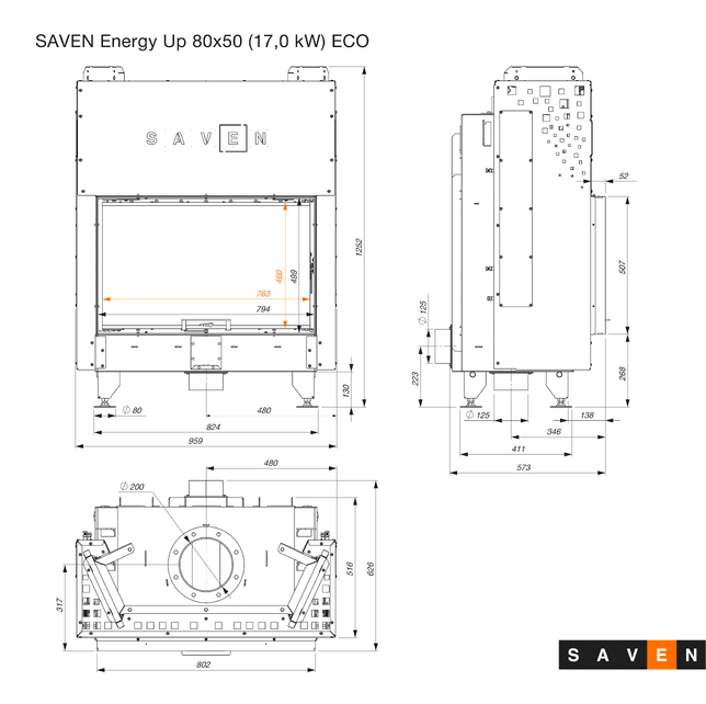 Șemineu SAVEN Energy UP 80×50 17 kW Ghilotină