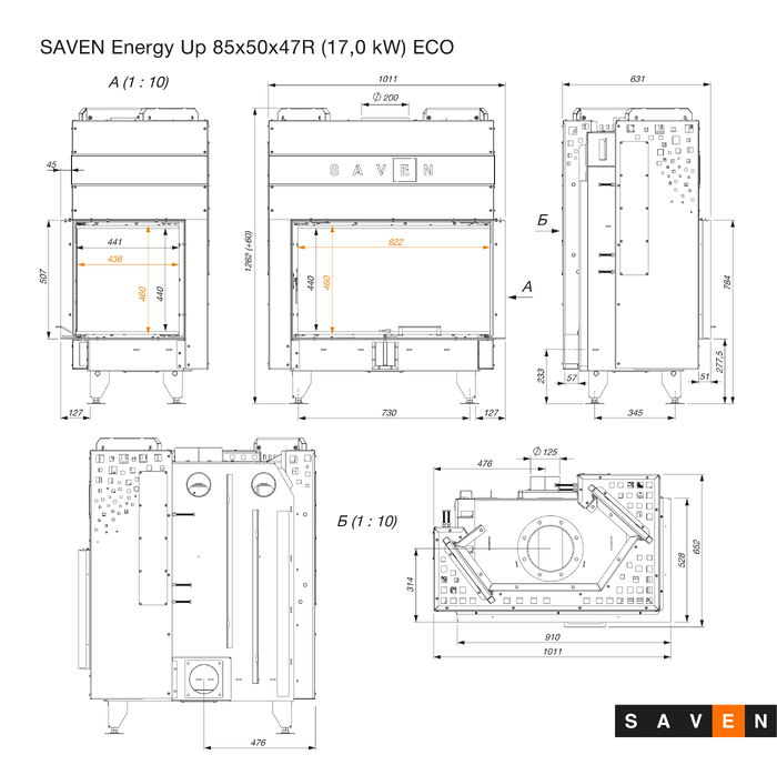 Șemineu SAVEN Energy Up 85х50х47R (17,0 kW) ECO Ghilotină – Sticlă laterală dreapta
