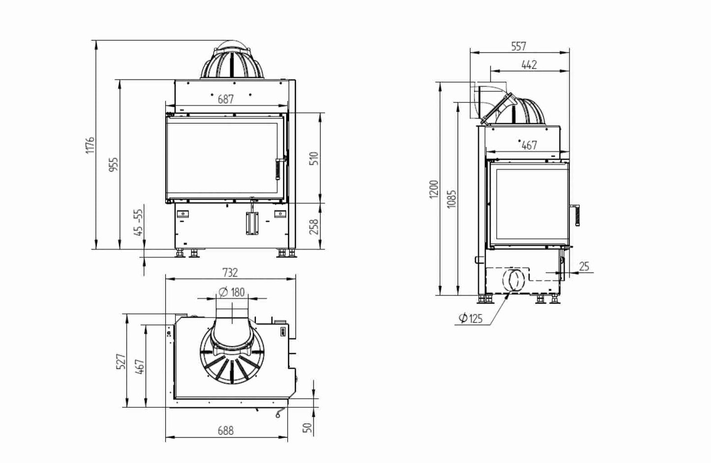 Focar semineu Hoxter ECKA 67/45/51L + recuperator