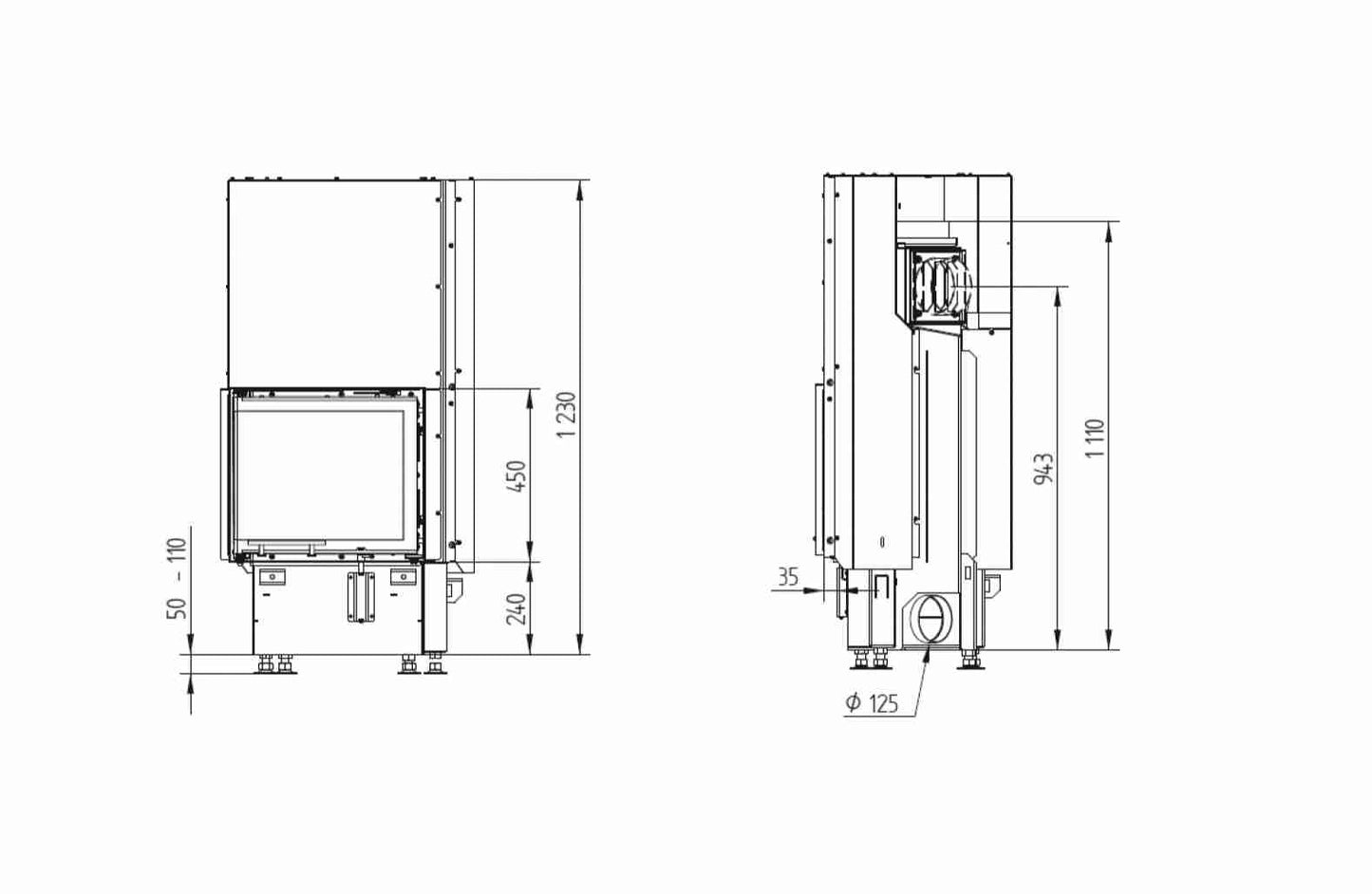 Focar semineu Hoxter ECKA 50/35/45 Lh