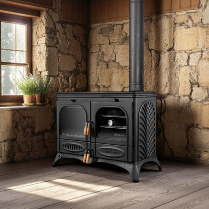Soba din fontă de înaltă eficiență FS-014 Casting Ultra Sirius FS-14 | Ceramică de sticlă germană | Putere termică 9 kW | Ieșire coș de fum 130 mm