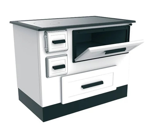 Soba pentru incalzit si gatit, pe lemne, 5 kW, alb, evacuare dreapta, Alfa55 ECO, ALFA-PLAM