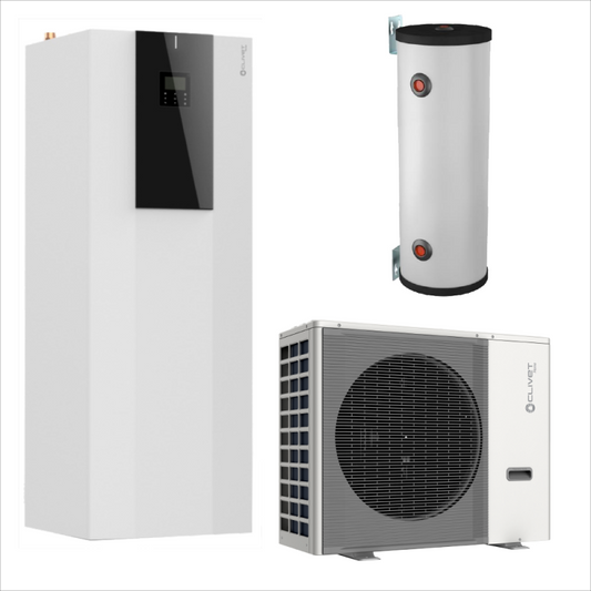 #Pachet pompa de caldura aer-apa, split, Clivet, 8 kW, incalzire/racire/ACM, tip hidrotank 190L + acumulator 25L, 220V