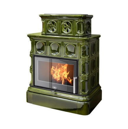 Soba pe lemn cahle teracota ABX - Exclusiv Karelia cu plintă placată cu gresie