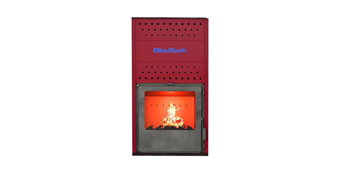 Termoșemineu pe lemne 18.4kw pentru incalzire centrala cu geam termoizolanta roșu bt hidro20r-blautech