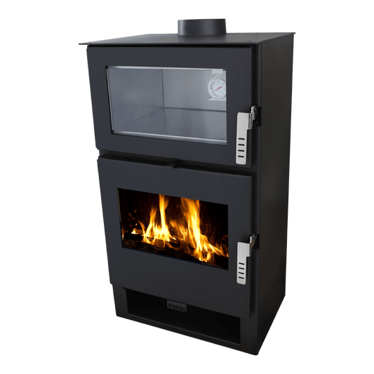 Șemineu pe lemne VERSO F INOX, 7 kW, din oțel inoxidabil, cu geam termorezistent, design modern, negru