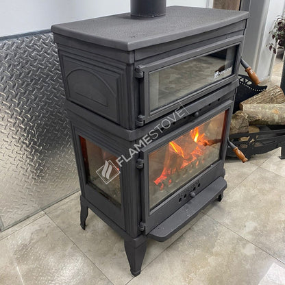 FS-045 Retro Lux Soba: Eficiență Înaltă, Dublă Ardere, Fontă și Email - Stil Clasic pentru Acasă