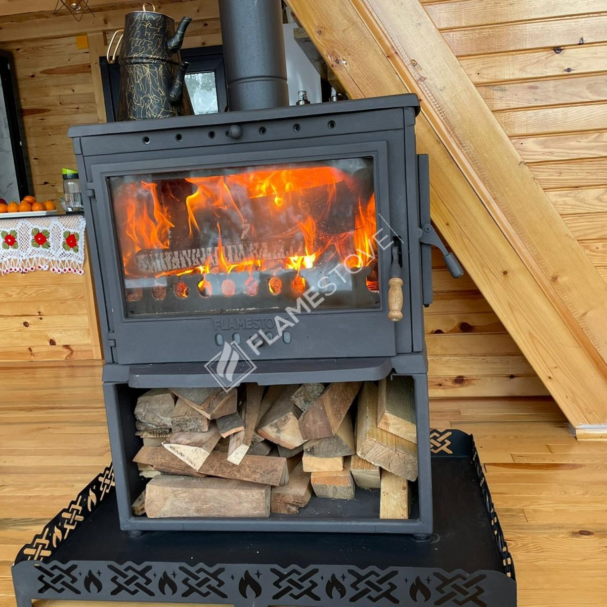 Soba Retro Lux cu Sertar Lemne FS-042ST - Design Elegant, 9 kW, Sticlă Schott Robax