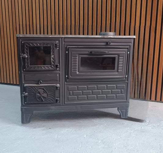 40cm Aragaz pe Lemne cu Plită din Sticlă și Uși din Fontă - Eficiență și Eleganță