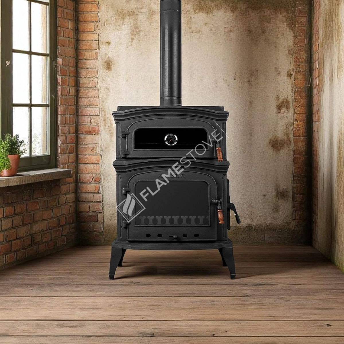 Soba Premium din Fontă FS-33YK cu Altar Lateral și Cuptor | Aragaz Eficiență Înaltă Lemn și Cărbune, Ardere Dublă, Clasa Energetică A