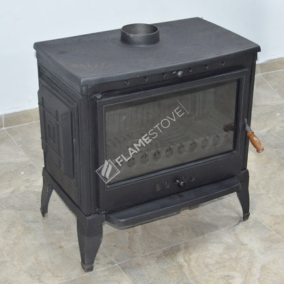 Sobă clasică FS-041 Retro din fontă, cu eficiență ridicată pentru lemne și cărbuni, sticlă Schott Robax, sistem de aer balansat posterior, 10 kW
