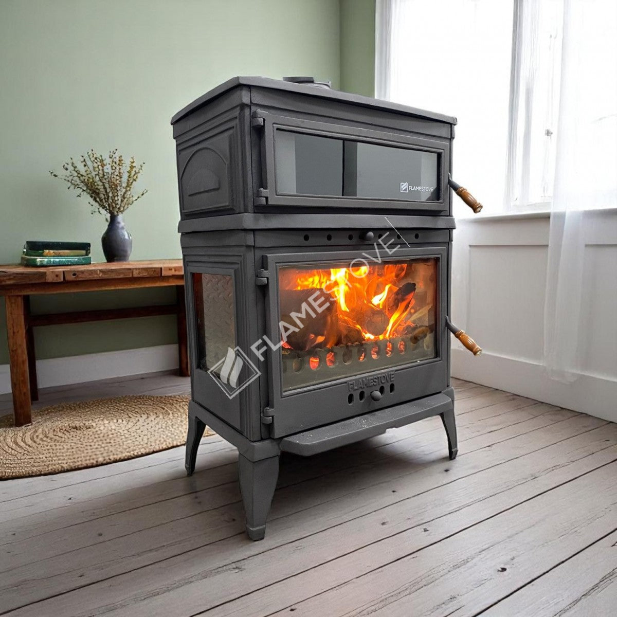 FS-045 Retro Lux Soba: Eficiență Înaltă, Dublă Ardere, Fontă și Email - Stil Clasic pentru Acasă