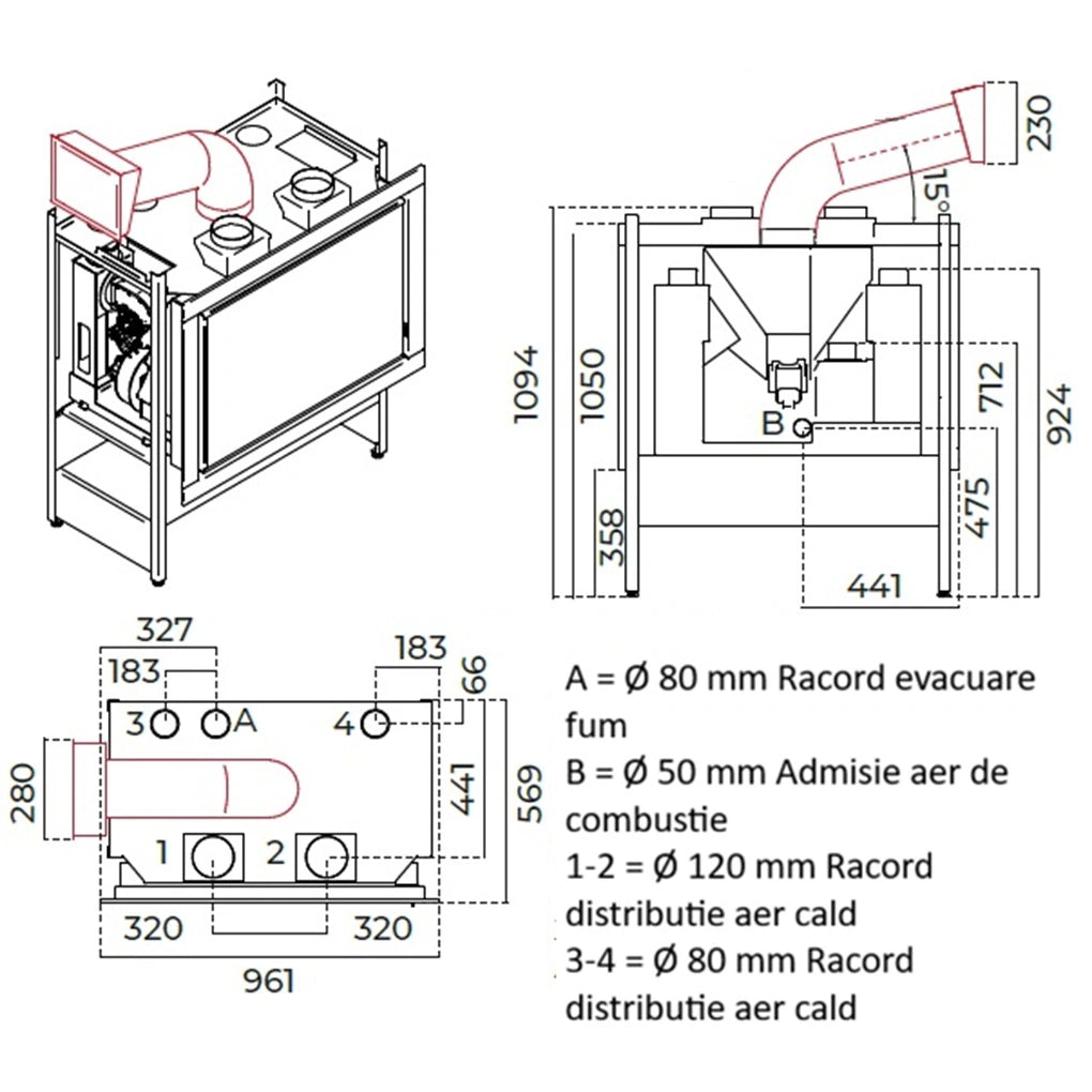Focar monobloc peleti KRIS 5-12.4 kW - cu distributie de aer cald