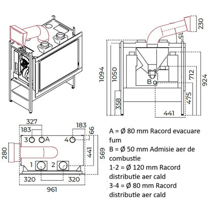Focar monobloc peleti KRIS 5-12.4 kW - cu distributie de aer cald