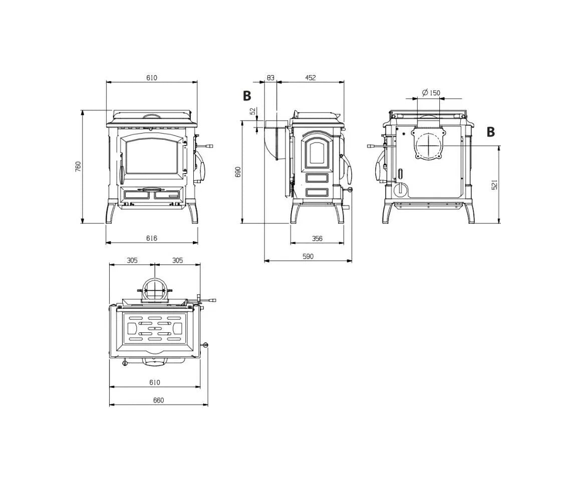 Sobă pe lemne Nordica ISETTA.16 7,3 kW - 209 m³ încălzibil - fontă emailată neagră