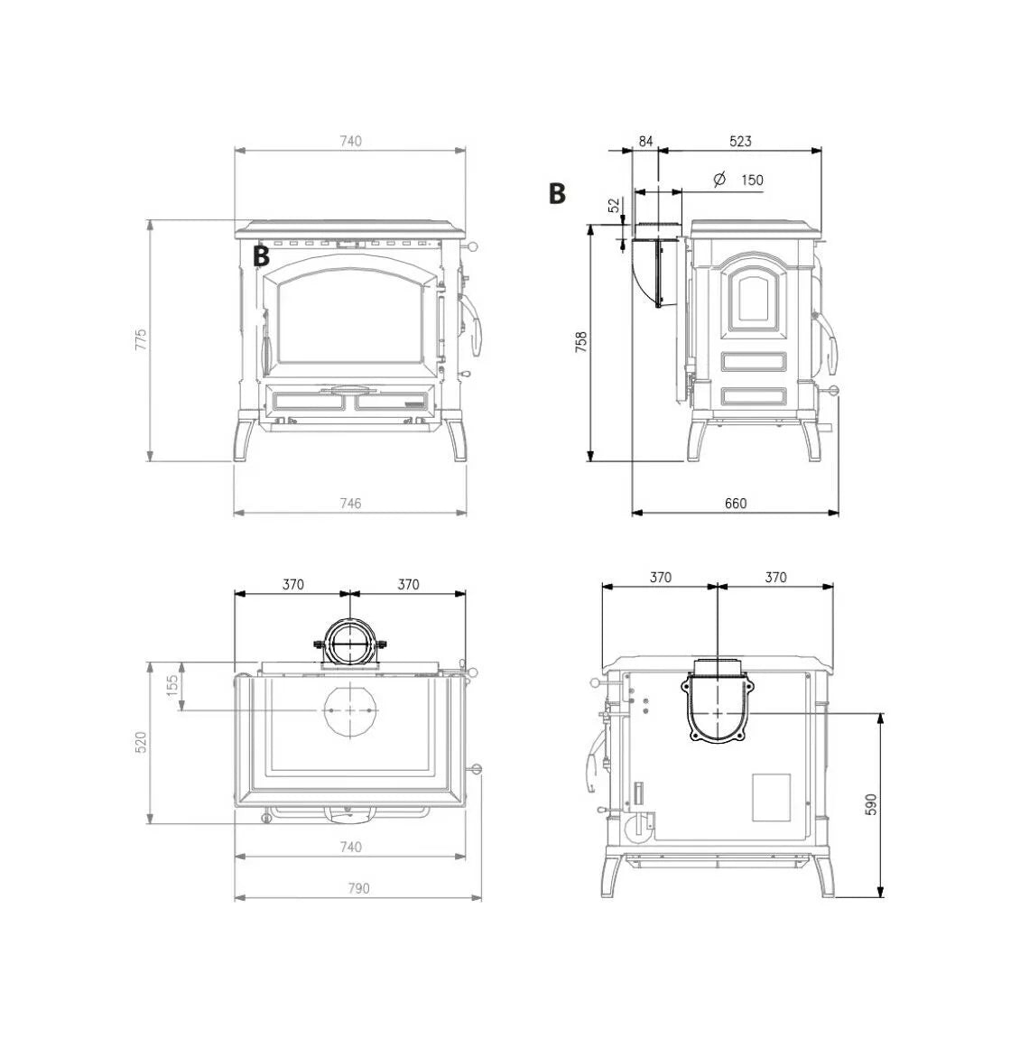 Sobă pe lemne Nordica ISOTTA.16 11,9 kW - 341 m³ încălzibil - fontă emailată neagră