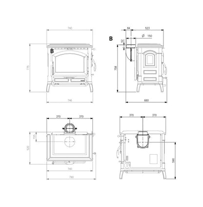 Sobă pe lemne Nordica ISOTTA.16 11,9 kW - 341 m³ încălzibil - fontă emailată neagră