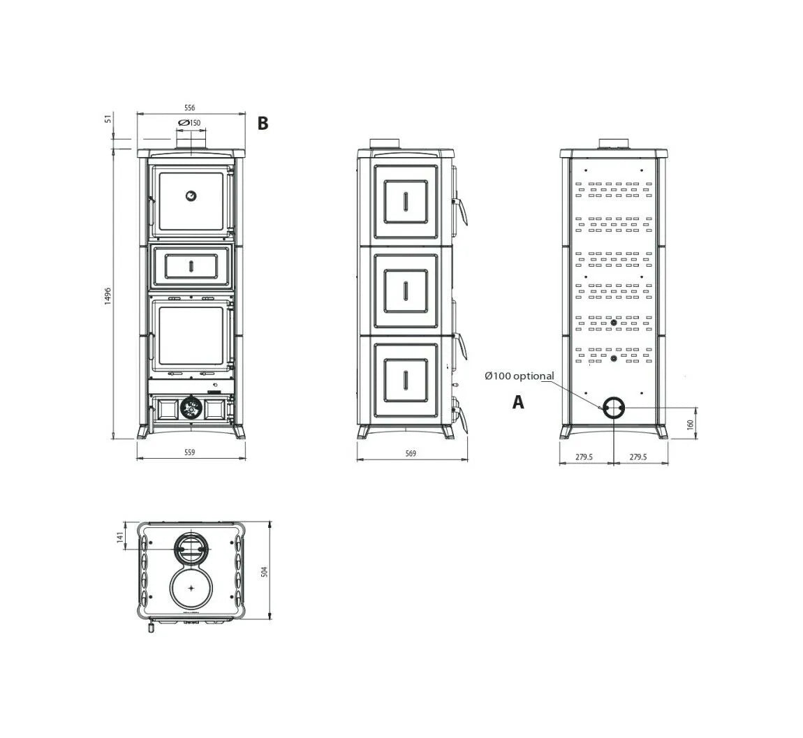 Nordica Nova Forno Prestige Sobă pe lemne cu cuptor 11,8 kW - 388 m³ - antracit negru