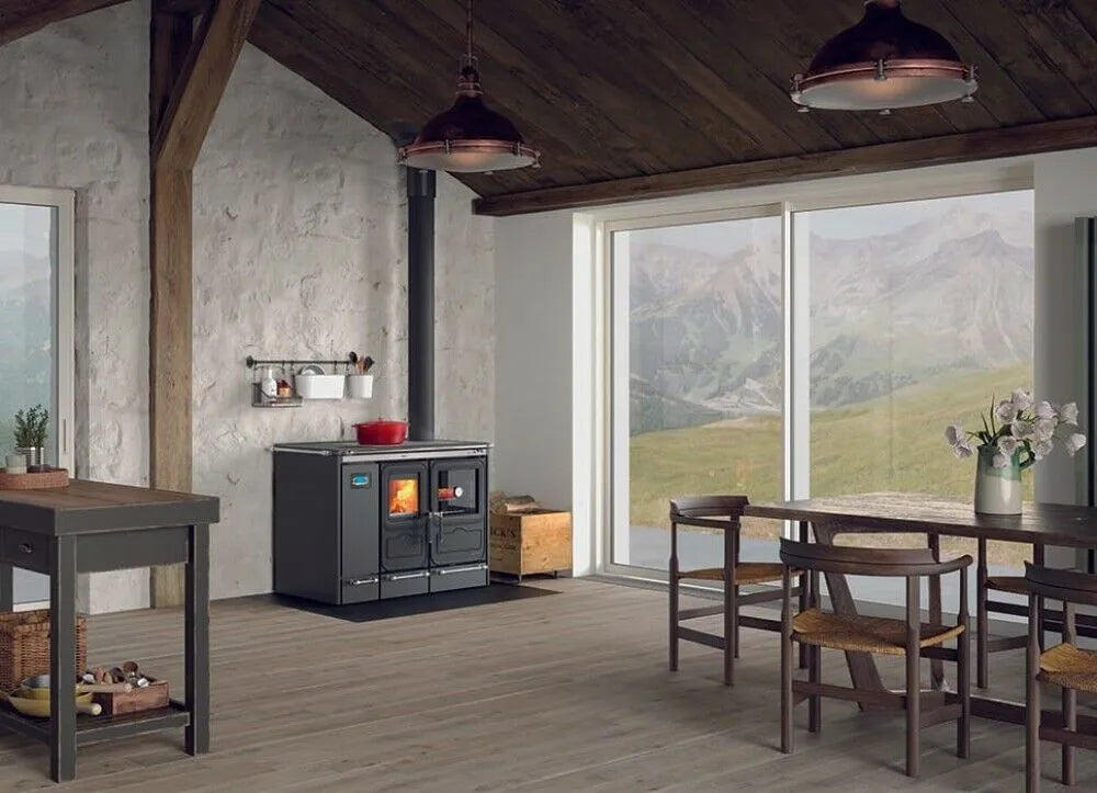 Sobă pe lemne tip centrala Nordica Sierra Prestige 15,4 kW - 442 m³ încălzibilă - antracit negru