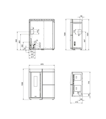 Sobă  centrala ermetică pe peleți Slim, Extraflame nordica EVELYNE IDRO 2.0 Evolution 18 kw - 517 m³ - Gri