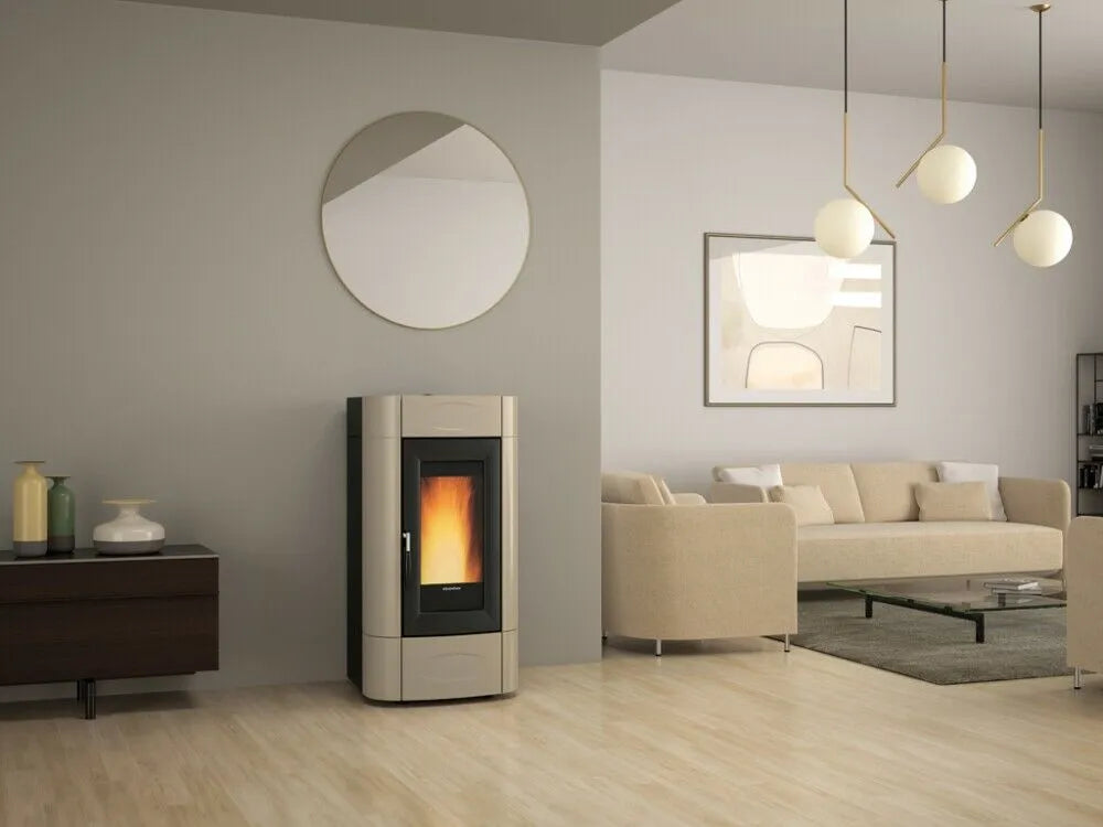 Sobă centrala pe peleți ventilată Extraflame nordica Isidora Idro H16 5.0 Evolution 18.9 kW - 542 m³ încălzibil - Taupe