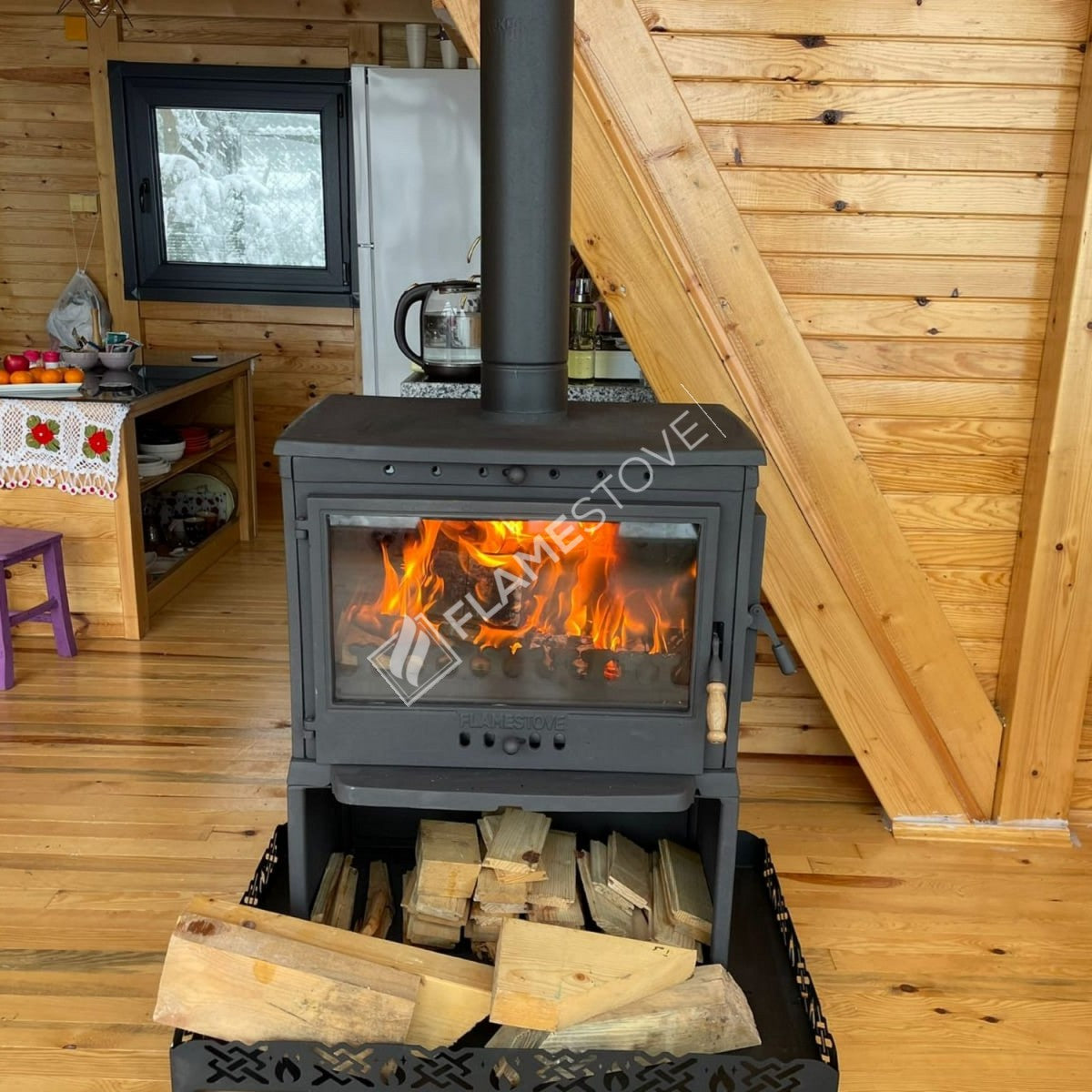 Soba Retro Lux cu Sertar Lemne FS-042ST - Design Elegant, 9 kW, Sticlă Schott Robax