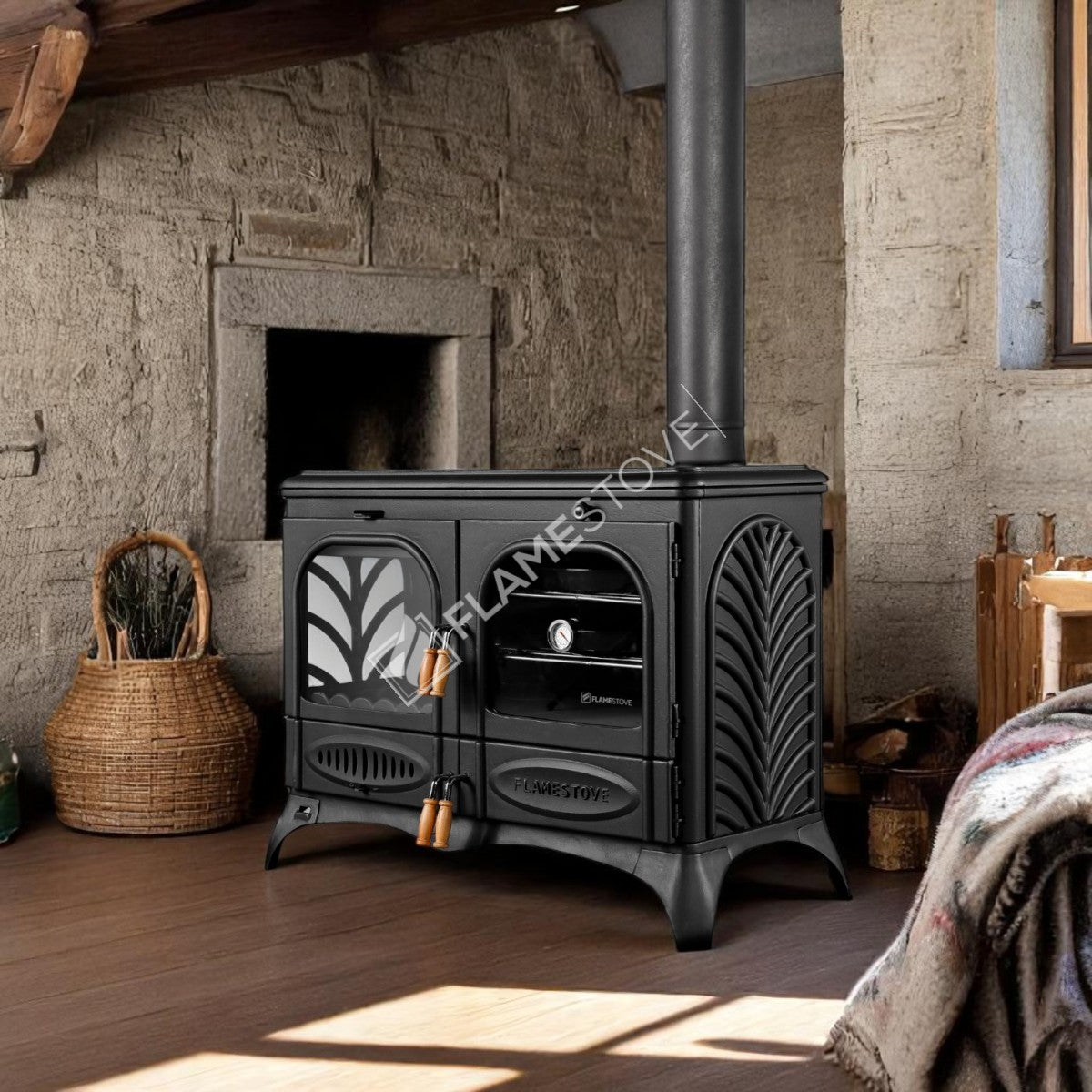 Soba Orizontală Palm Side Kuzineli FS-066 din Fontă cu Geam, 3 Etaje Cuptor, Combustie Dublă Eficientă Lemn și Cărbune, Geam Schott Robax, 15 kW + Tavă Emailată Cadou