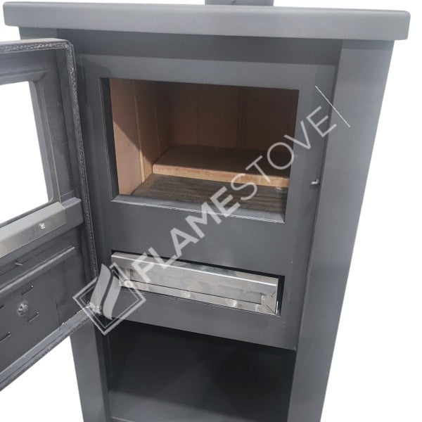 Soba de Oțel S2 cu Suprafață Exterioară din Cărămidă Refractară, Priză de Aluminiu și Spațiu pentru Lemne