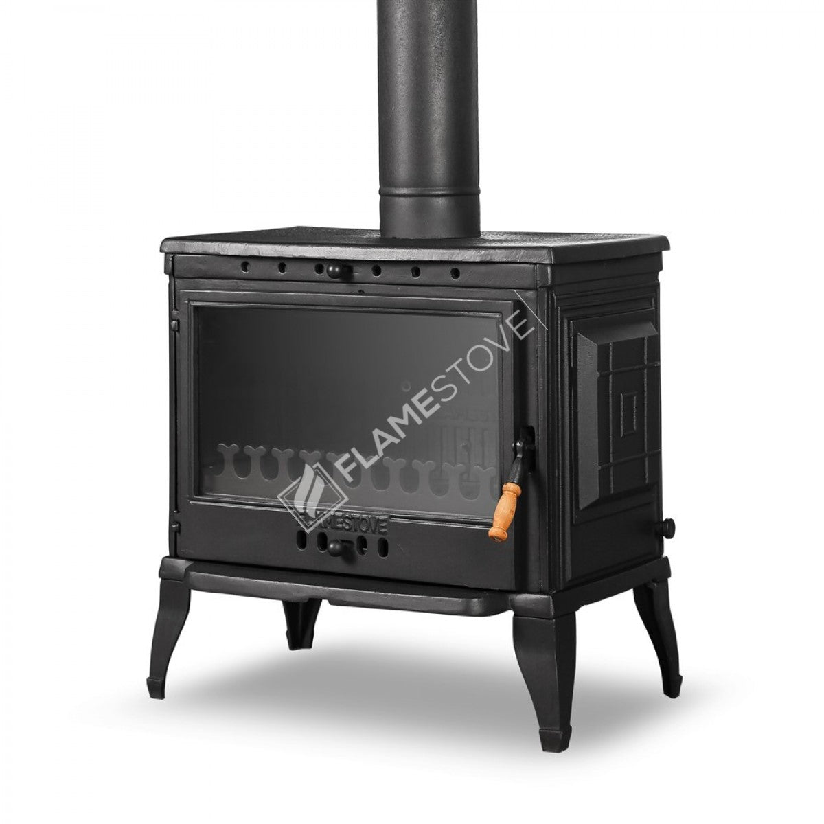 Sobă clasică FS-041 Retro din fontă, cu eficiență ridicată pentru lemne și cărbuni, sticlă Schott Robax, sistem de aer balansat posterior, 10 kW