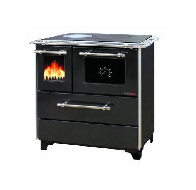 Soba tip semineu, Alfa-Plam, Donna 70, plita/cuptor, otel negru/inox, 5 kW, stanga