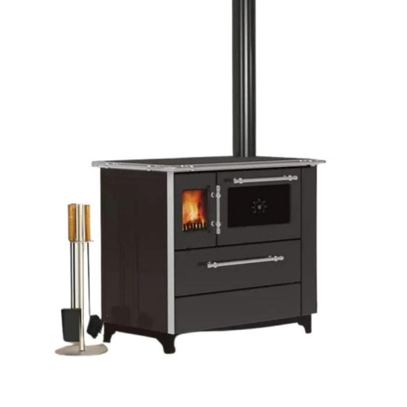 Soba tip semineu, Alfa-Plam, Donna 90, plita/cuptor, otel negru/inox, 5 kW