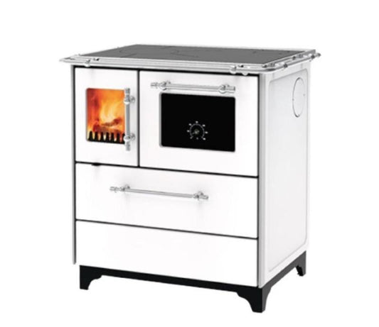 Soba tip semineu, Alfa-Plam, Donna 70, plita/cuptor, otel alb, 5 kW, stanga