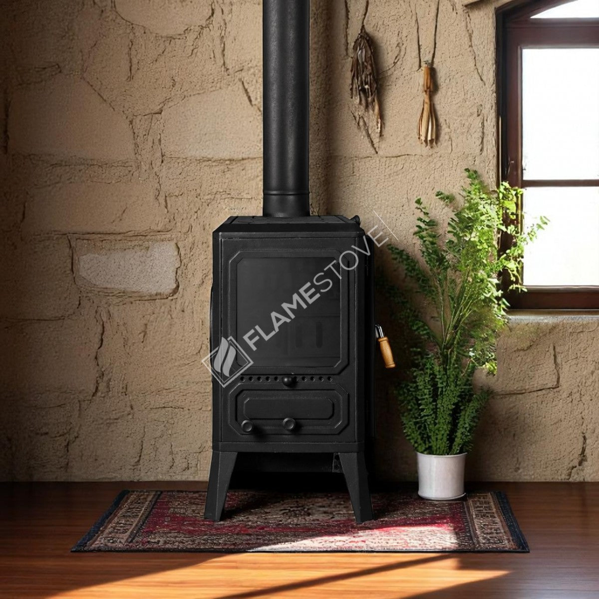 Sobă de Teren Design Orizontal FS-062 Troy cu Sticlă Laterală din Fontă - Eficiență Energetică Clasa A